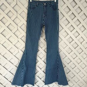 New Saints and Hearts Dark and Light Blue Stripe Bell Bottom Jeans Medium